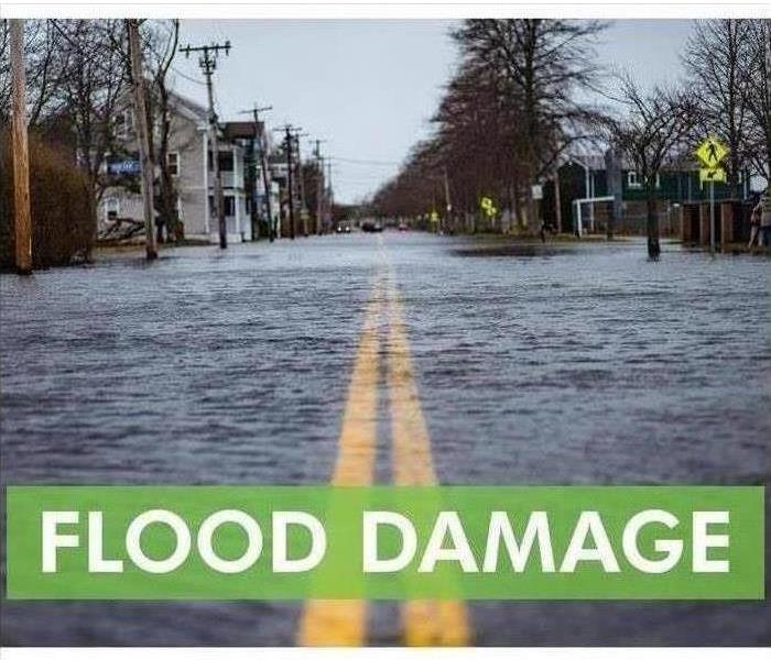 Image of a flooded street and white letters stating "flood damage"