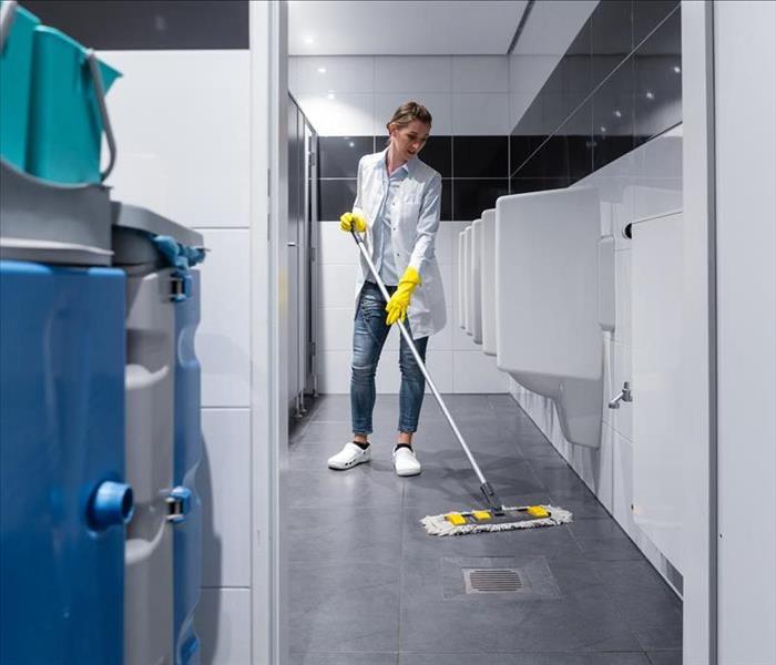 A person cleaning a bathroom.