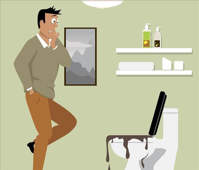 Cartoon of a person watching an overflowed toilet