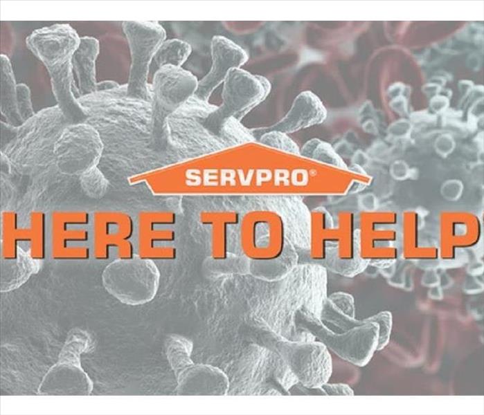 Image of virus with orange letters stating that we are here to help